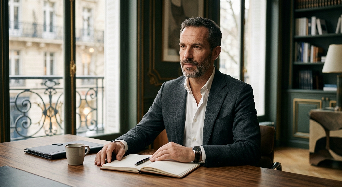 Homme élégant assis à un bureau lumineux